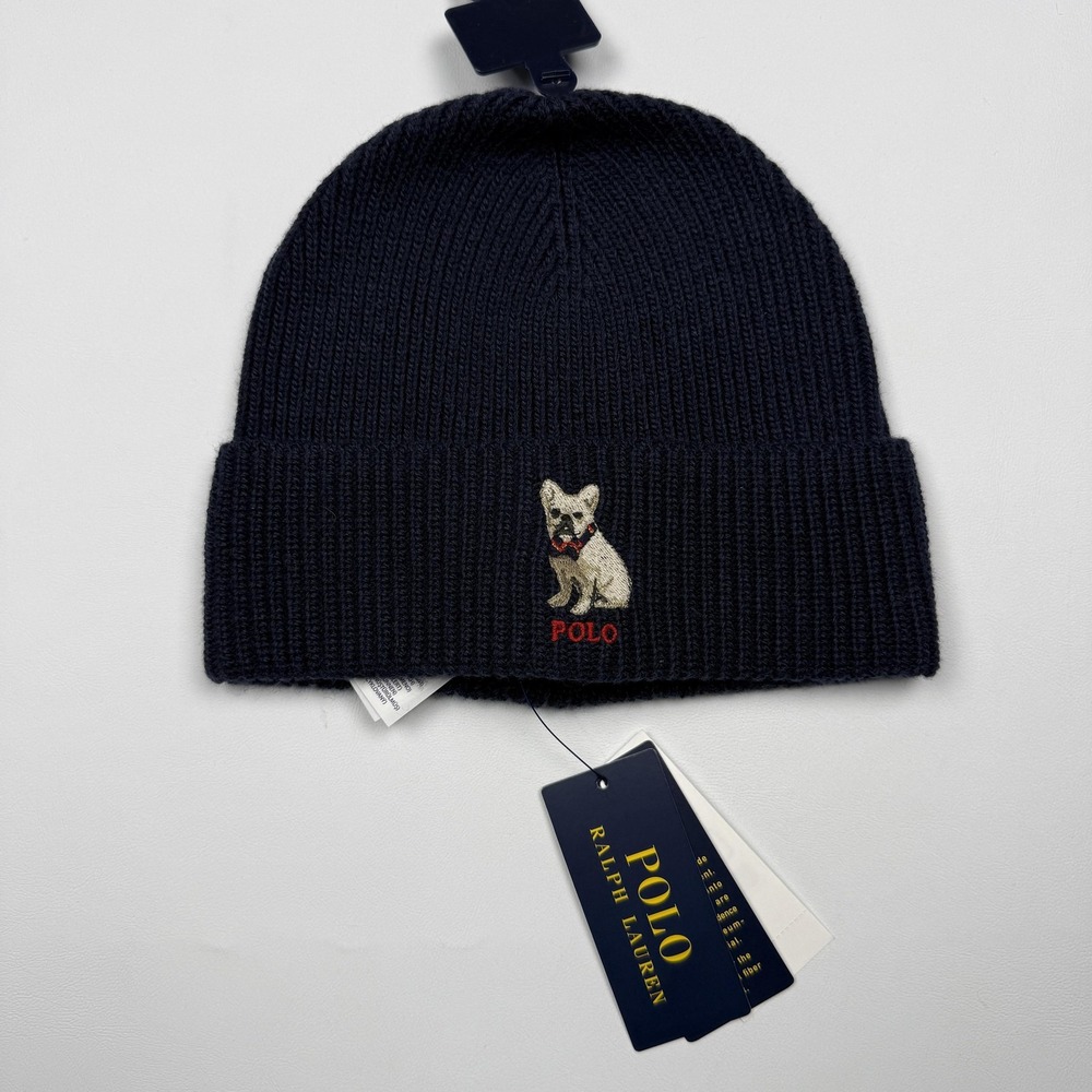 Polo Ralph Lauren Hat Beanie One Size Blue Dog Embroidered Knit Winter Mens